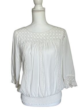 White Eyelet Peasant Blouse Smocked Milkmaid Cottagecore Boho Lace Large